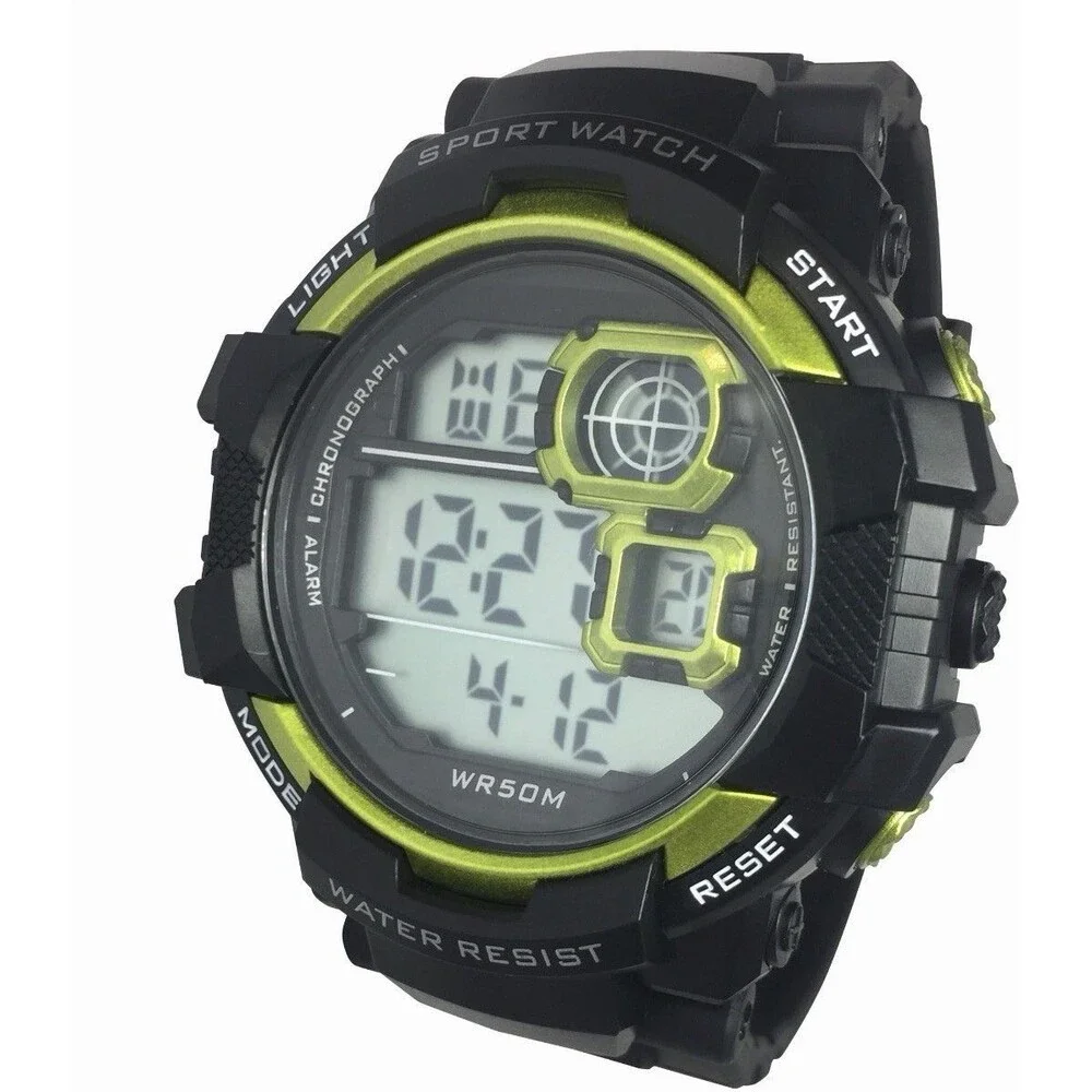 George Men's Digital Sport Watch Black &Neon Yellow-WR 50M-Alarm & Stopwatch-NIB